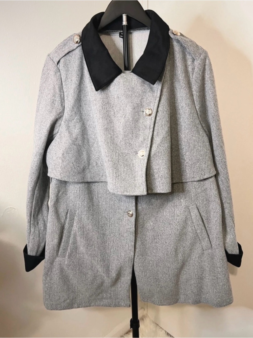 Gray Wool Blend Military Trench Coat Black Collar Double Button Jacket Chic